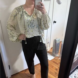 White House Black Market Cream Floral Pleated V-Neck Blouse